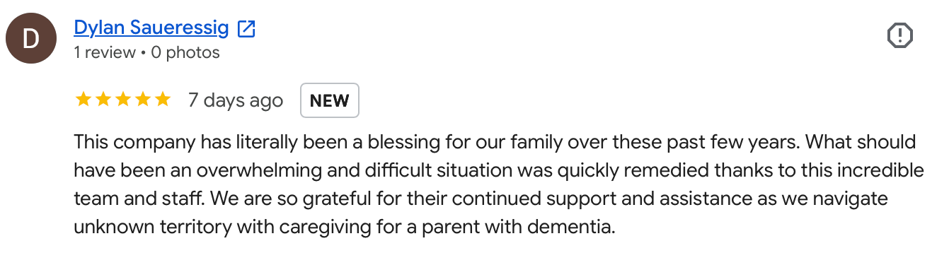 5-star Google review from Dylan Saueressig praising Custom Care Solutions' support for a parent with dementia